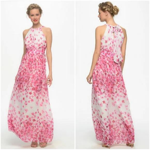 Eliza J Pink Floral Chiffon Maxi Dress Halter Pleated - Picture 1 of 14